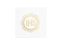 Serwetki, I Komunia Święta IHS białe z złotym nadrukiem 33cmx33 cm 10 szt
