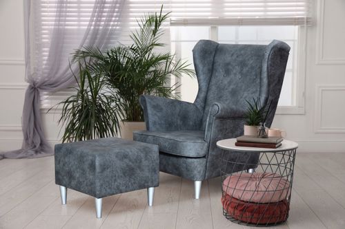 SZARY fotel uszak eko skóra skandynawski z podnóżkiem Ari Family Meble na Arena.pl