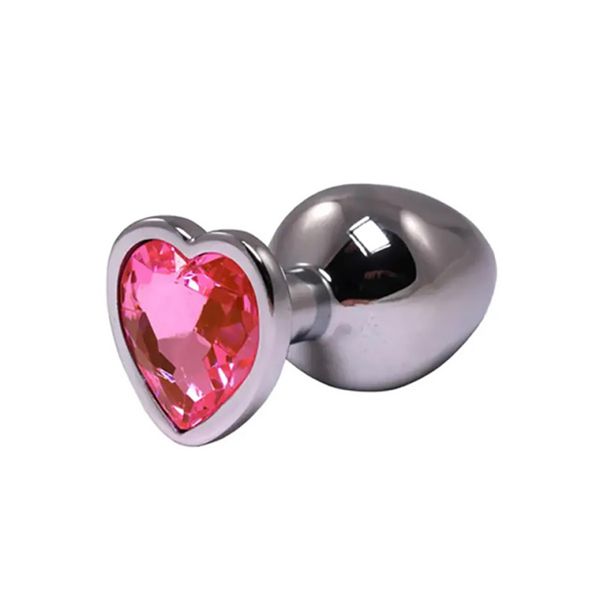 Silver Small Heart-Shaped Butt Plug With Pink Crystal zdjęcie 1