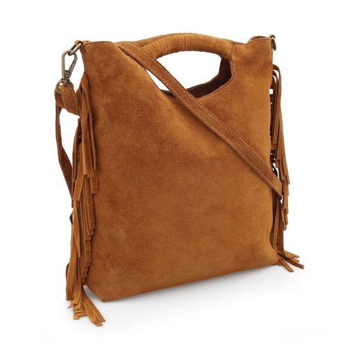 VERA PELLE torebka zamszowa listonoszka boho z frędzlami V406 brązowa na Arena.pl