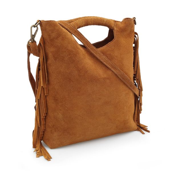 VERA PELLE torebka zamszowa listonoszka boho z frędzlami V406 brązowa zdjęcie 4