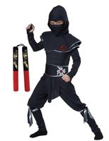 Strój BLACK NINJA SAMURAJ GWIAZDA WOJOWNIK MIĘŚNIE 120/130 +NUNCHAKU