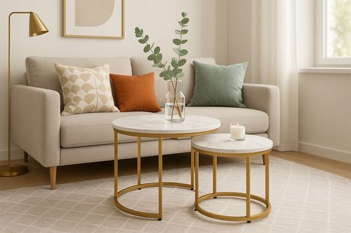 STOLIKI KAWOWE ZESTAW 2w1 ROZKŁADANE DO SALONU GLAMOUR MARMUR BIAŁY na Arena.pl