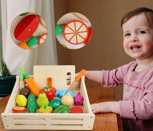 DREWNIANE WARZYWA I OWOCE NA MAGNES ZESTAW DO KROJENIA ZABAWKA EDUKACYJNA na Arena.pl