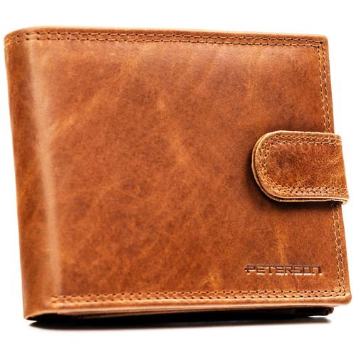 brązowy, skórzany portfel męski wyposażony w system rfid i zamykany na Arena.pl