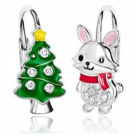 Srebrne kolczyki świąteczne dla dziewczynki kotki choinka asymetryczne 925