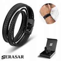 SERASAR, Męska Skórzana Bransoletka [Wrap] Czarna, 34cm, prezent świąteczny