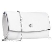 kopertówka damska wykonana w srebrnym kolorze, zawieszona na srebrnym