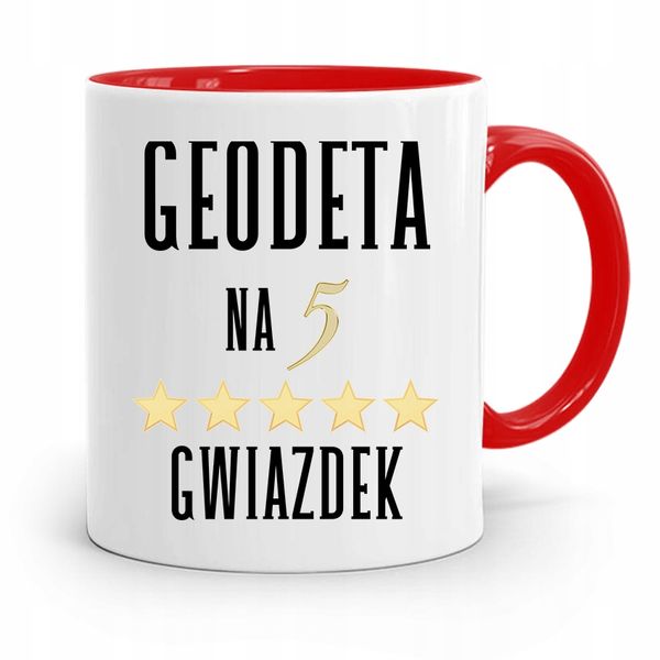 Kubek Czerwony Dla Geodety Geodeta Na 5 Gwiazdek Z Nadrukiem Ze Zdjęciem zdjęcie 1