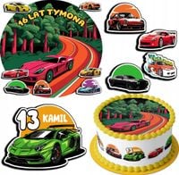 ZESTAW OPŁATEK NA TORT 20CM + 17 POSTACI - SAMOCHODY + IMIĘ 15CM 18CM