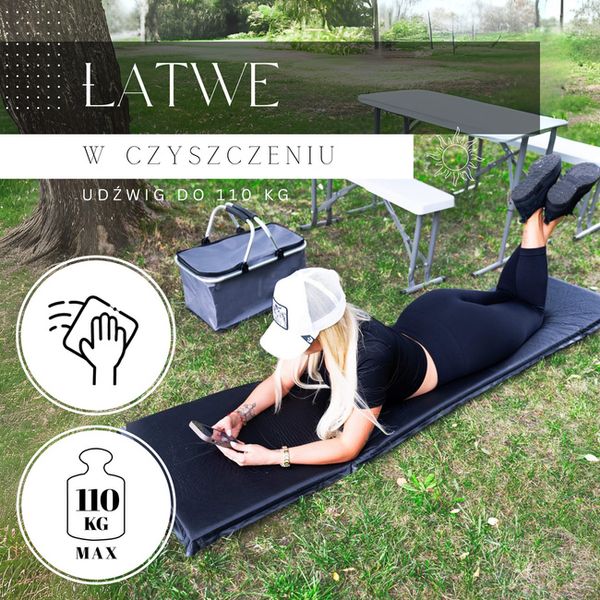 Mata samopompująca 180 cm mata turystyczna biwakowa z pokrowcem czarna zdjęcie 2