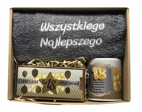 PREZENT NA URODZINY 18-70 Zestaw Kosz Prezentowy Ręcznik Kubek Czekolada na Arena.pl