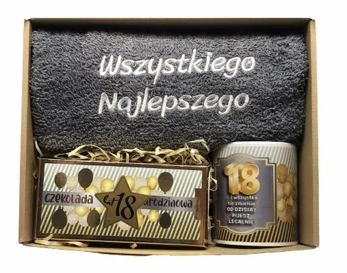 PREZENT NA URODZINY 18-70 Zestaw Kosz Prezentowy Ręcznik Kubek Czekolada zdjęcie 2