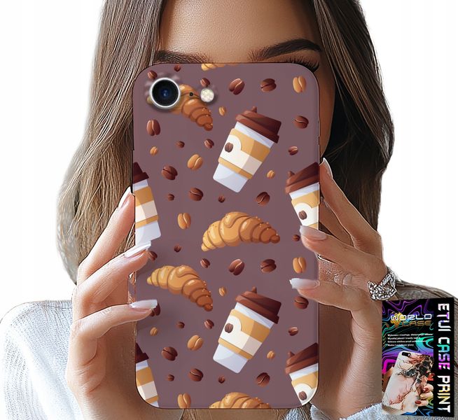 ETUI DO IPHONE 16e - CASE Z KAWĄ ROGALIKAMI I ZIARNAMI W TLE zdjęcie 1