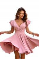 Sukienka rozkloszowana z falbanami pudrowy róż Bicotone M 38 na wesele