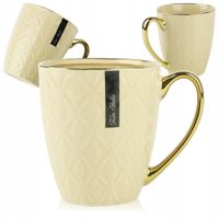 PORCELANOWY KUBEK NA KAWĘ HERBATĘ BEŻOWY ZDOBIONY ZE ZŁOTYM UCHEM 360ML