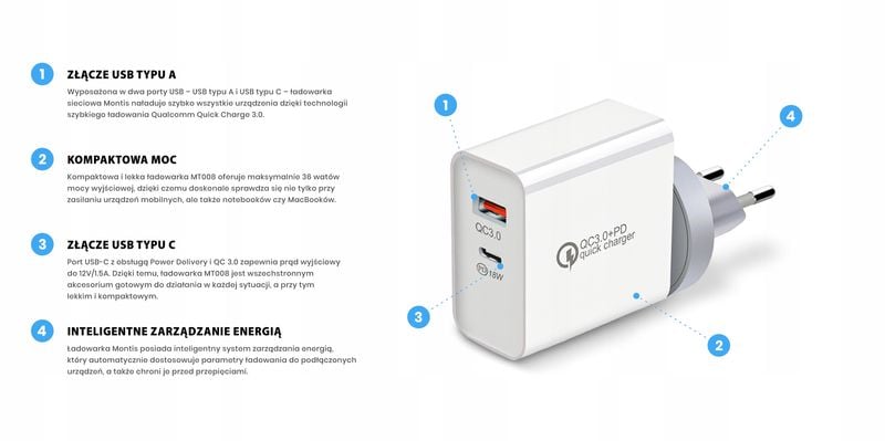 SZYBKA ŁADOWARKA TYP C Quick Charge 3.0 + USB A zdjęcie 11