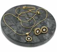 KOMPLET BIŻUTERII ZŁOTEJ STAL CHIRURGICZNA CZARNE OCZKO ZEGAR CYRKONIA