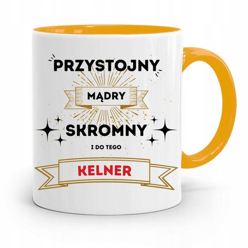 Dla Kelnera Kubek Żółty Przystojny Mądry Skromny Z Nadrukiem Ze Zdjęciem na Arena.pl