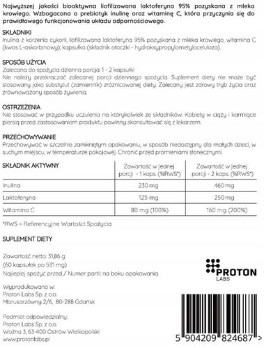 PROTON LABS Laktoferyna LFD 95% 250mg + wit C 60 kaps (30 porcji) na Arena.pl