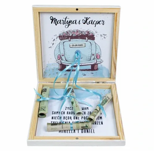 PUDEŁKO NA PIENIĄDZE PREZENT ŚLUBNY DLA MŁODEJ PARY NOWOŻEŃCÓW GRAWER zdjęcie 2