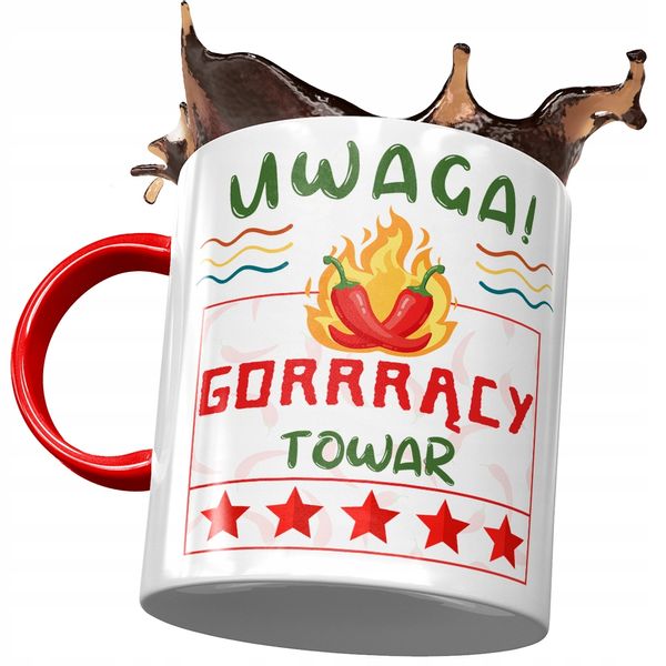 Kubek Czerwony Śmieszny Uwaga Gorrrący Towar Z Nadrukiem Ze Zdjęciem zdjęcie 1