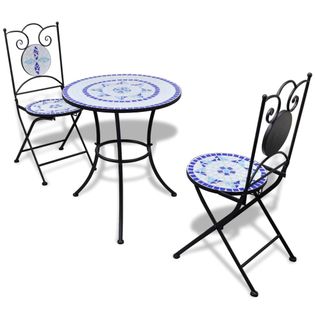 Stolik i 2 krzesła z mozaiką niebiesko-białą