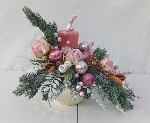 Stroik świąteczny z różową świecą LED w lustrznej doniczce 43×41×34 cm na Arena.pl