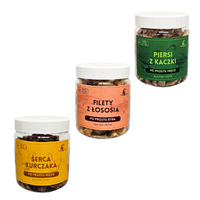 Liofilizowane pierś z kaczki, filety łososia, serca kurczaka dla psa i kota