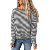 Bluzka damska w paski longsleeve bawełna biało-szara okrągły dekolt M
