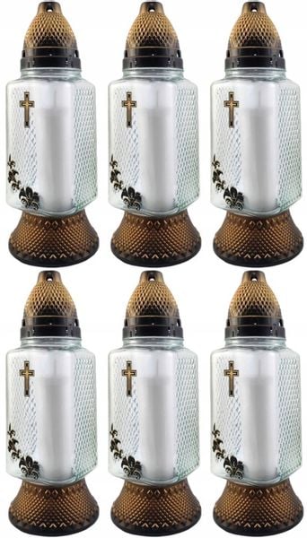 Szklany znicz krzyżem i lilią kwadratowy lampion z wkładem ZŁOTY 6szt. zdjęcie 1