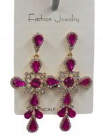 Piękne kolczyki krzyż duże kamienie kryształki różowe i opalizujące 10cm