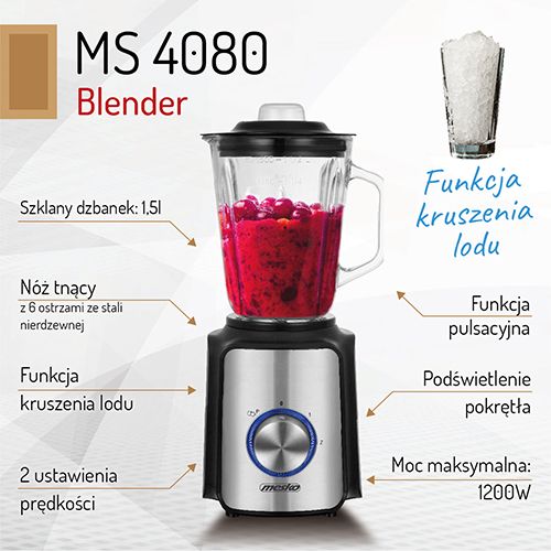 BLENDER KIELICHOWY MESKO MIKSER 1,5L MOCNY 1200W MIKSUJE KRUSZY LÓD bez BPA zdjęcie 8