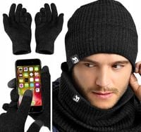 MĘSKI KOMPLET CZAPKA + KOMIN szal + RĘKAWICZKI DOTYKOWE zimowy CZARNY