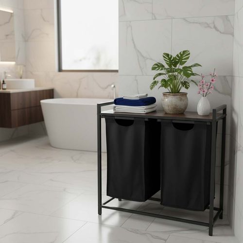 Kosz na Pranie Bieliznę 2 Komory z Drewnianą Półką Blatem Pojemnik Loft 92L na Arena.pl