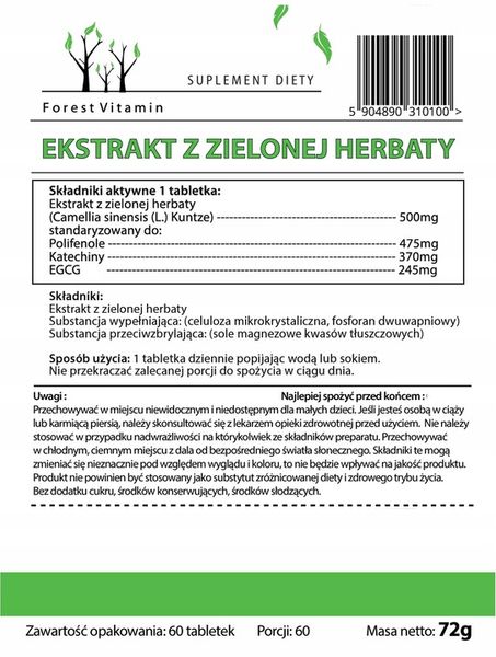 ZIELONA HERBATA 95% MOCNA 500mg GREEN TEA 60 TAB zdjęcie 2