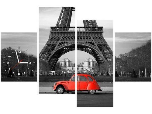 120CM 80CM ZEGAR 4 ELEM CZERWONY SAMOCHÓD PRZED WIEŻĄ EIFFLA OBRAZ ŚCIENNY na Arena.pl