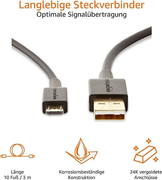 Kabel AmazonBasic USB - microUSB typ B 3 m czarny zdjęcie 2