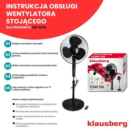 wentylator wiatrak podłogowy klausberg kb-7476 z pilotem na Arena.pl