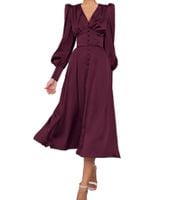 Sukienka Maxi Satynowa Damska Elegancka Vintage Bufiaste Rękawy Bordowa