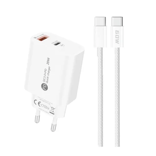 Ładowarka sieciowa A6MaxC 20W USB-A USB-C z kablem USB-C - USB-C 1m - biała na Arena.pl