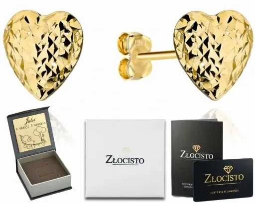 ZŁOTE KOLCZYKI SERCA SERDUSZKA DIAMENTOWANE 585 NA PREZENT zdjęcie 1