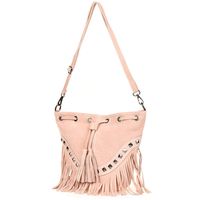 Pudrowy Róż Damska Torebka Worek Skóra Zamsz Frędzle Włoska X39