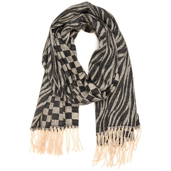 Czarny Duży Szalik Damski Bawełniany Ciepły Szal Szachownica St-23 zdjęcie 2