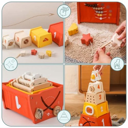 Drewniana piramidka edukacyjna Montessori sorter kształtów, labirynt, cyfry na Arena.pl