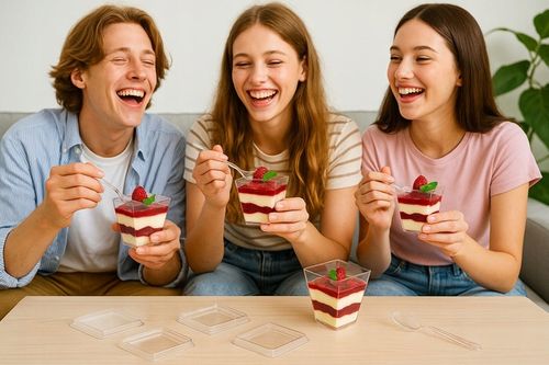 Pucharki plastikowe do deserów przekąsek 200ml z pokrywką i łyżeczką na Arena.pl