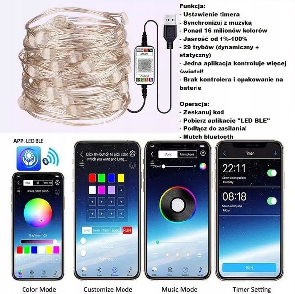 Inteligentne lampki choinkowe 10m 100led WiFi zdjęcie 4