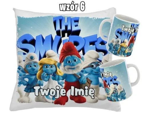 Zestaw SMERFY KUBEK + PODUSZKA RÓŻNE WZORY + IMIĘ UNIKALNY WYJĄTKOWY na Arena.pl