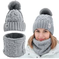 KOMPLET ZESTAW DAMSKI SZARY KOMIN CZAPKA ZIMOWA