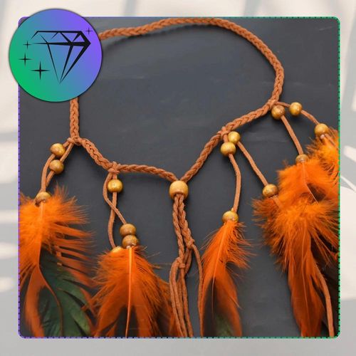 Opaska na włosy na rzemyku boho sztuczne pióra pomarańczowe na Arena.pl